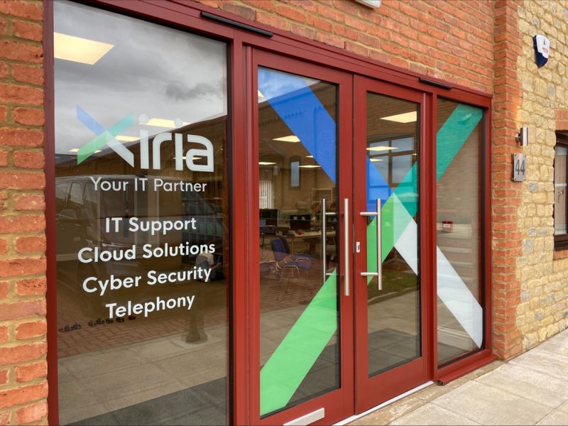 Xiria office windows with logo on door